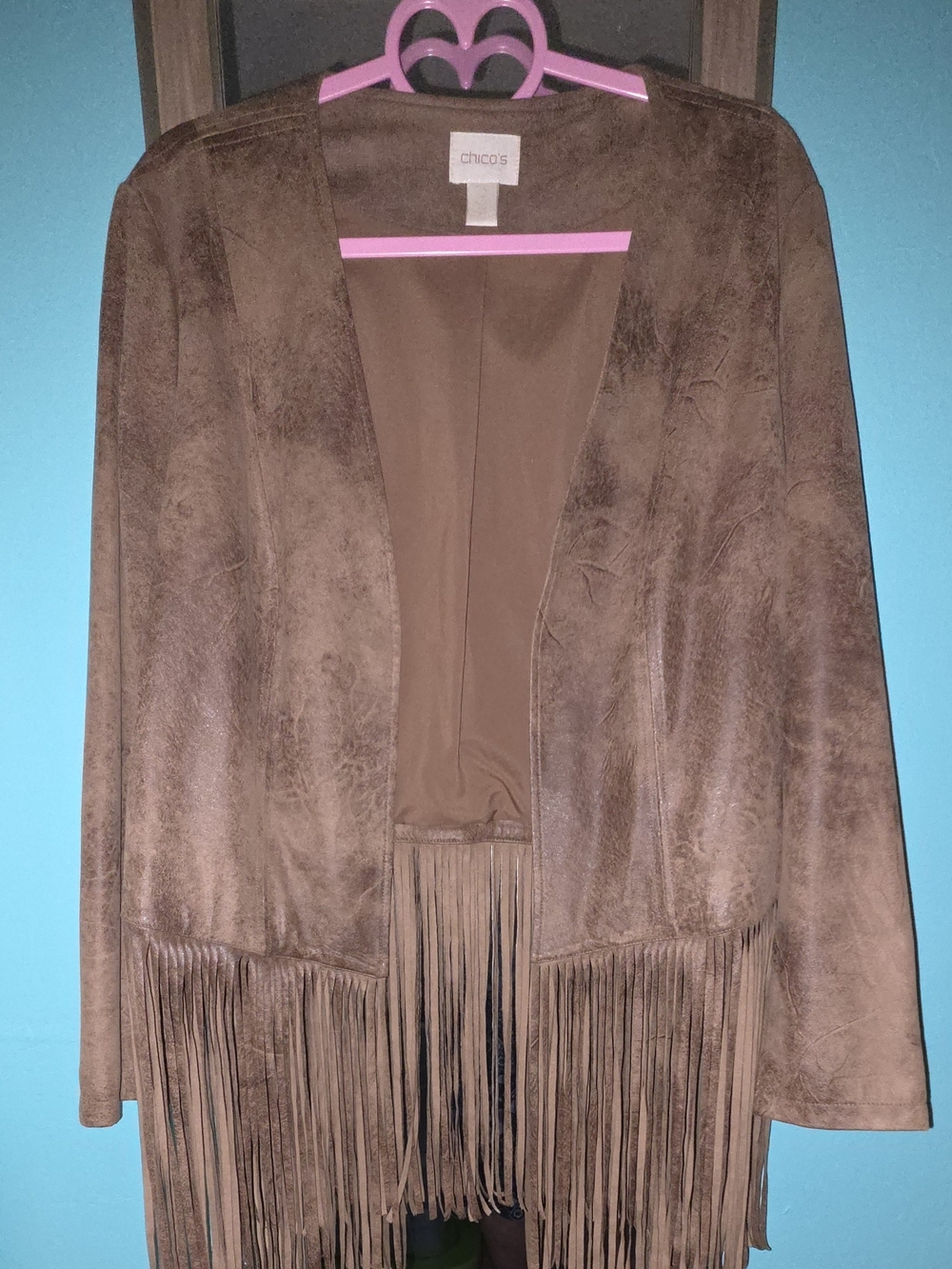 Chico's Brown Fringe Open-Front Suede-Look Jacket Size 2